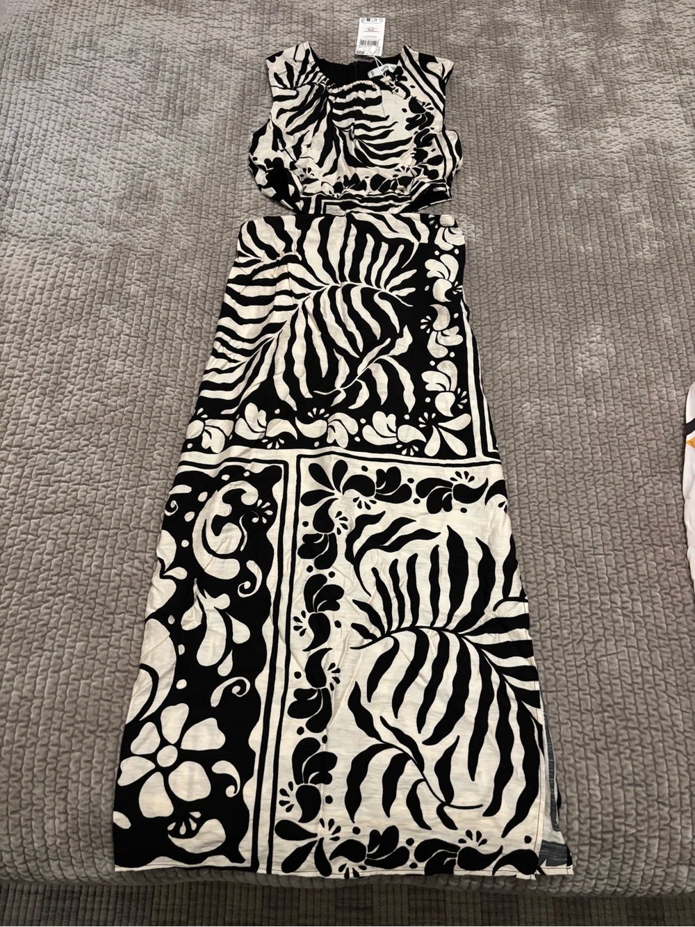 Mango Black and Cream Printed Midi Dress with cutouts